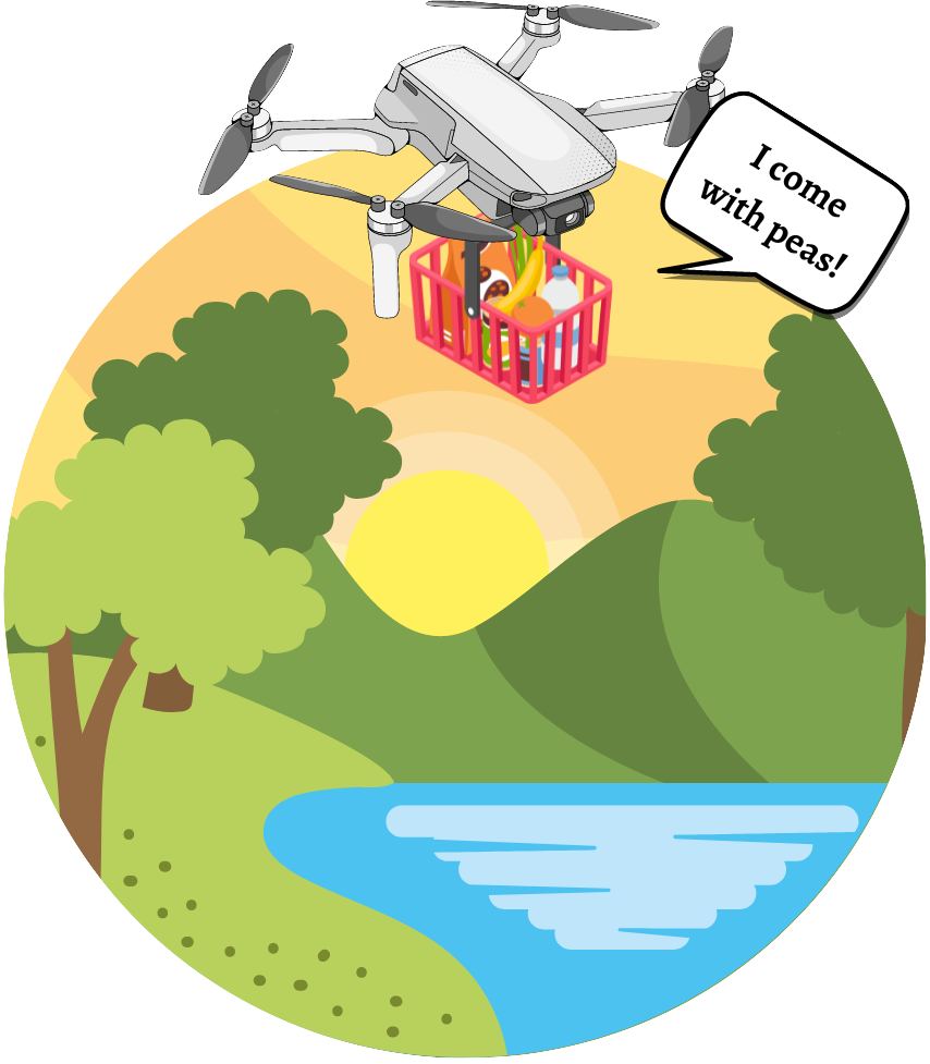 A cartoon image of the sun setting behind mountains framing an idyllic countryside scene. Flying past trees and over a lake is a drone with a basket of groceries saying 'I come with peas!'